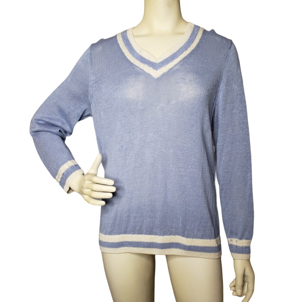 TALBOTS PETITE Light Blue V Neck 100% Linen Sweater Size XLP
